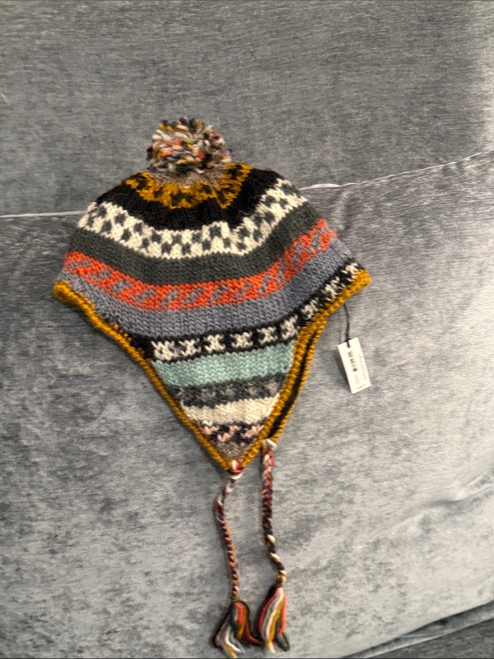 Children's Multicolor Knitted Earflap Hat with Pom-Pom ten thousand villages